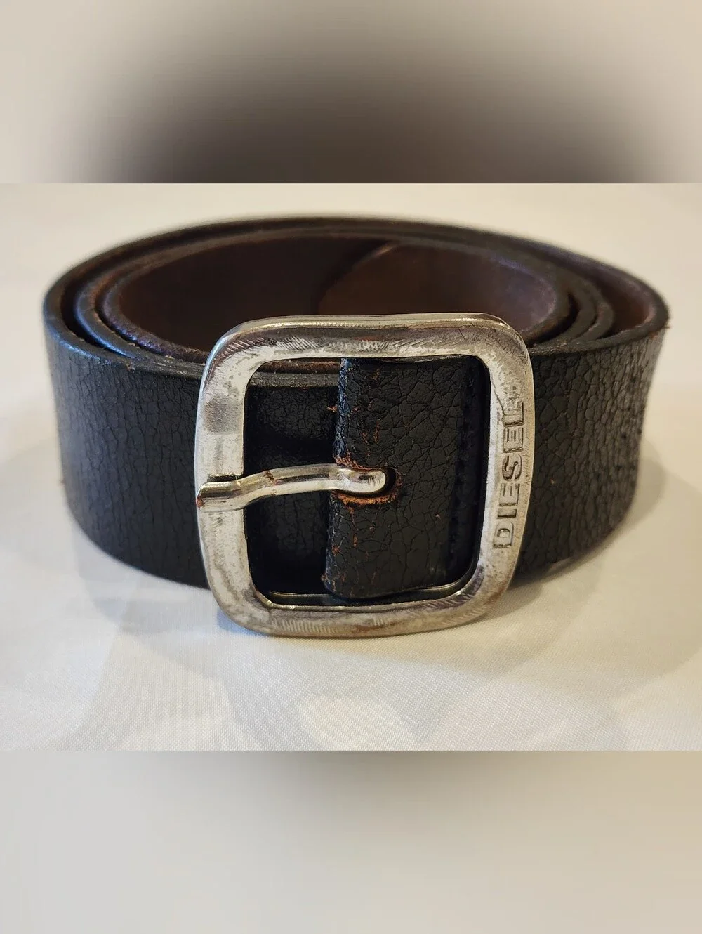 Diesel Black Leather Belt with Brushed Silver Square Buckle